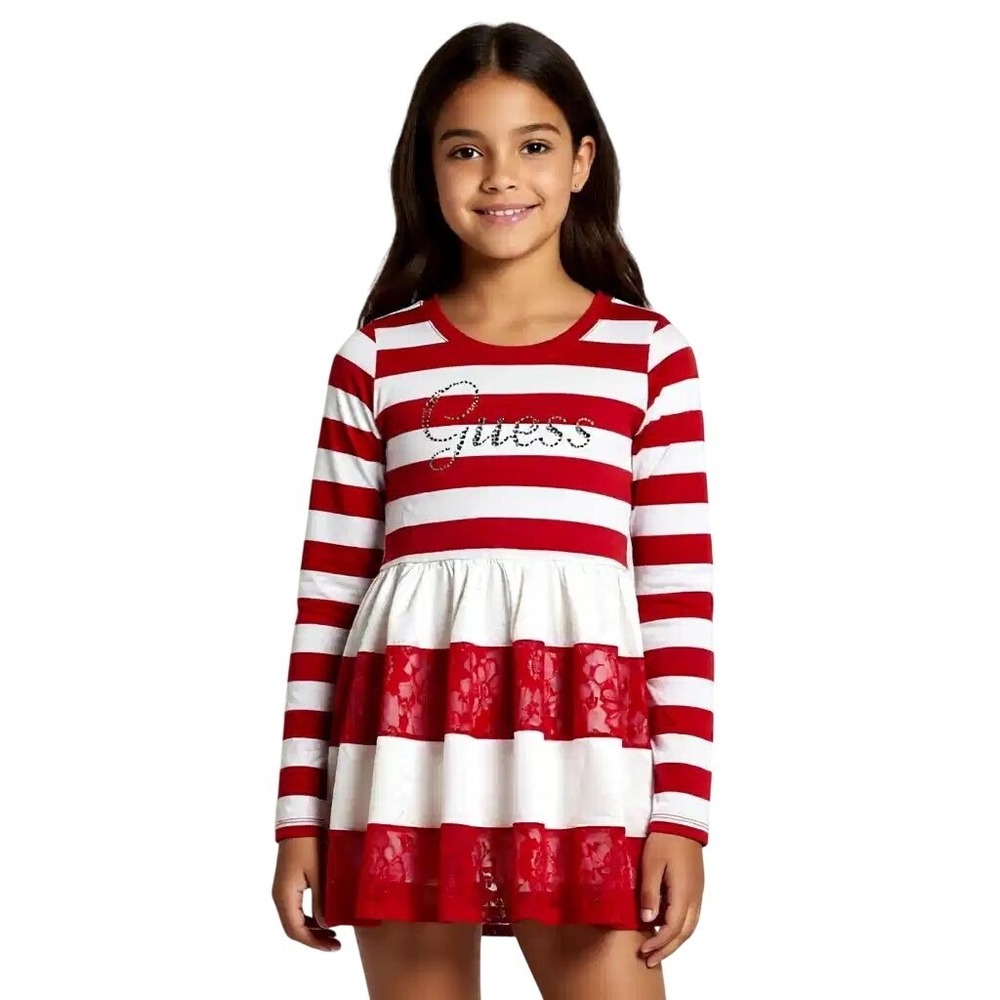 Guess Girls Red White Striped Rhinestone Logo Lace Trim Tunic Dress L 14 NWTY